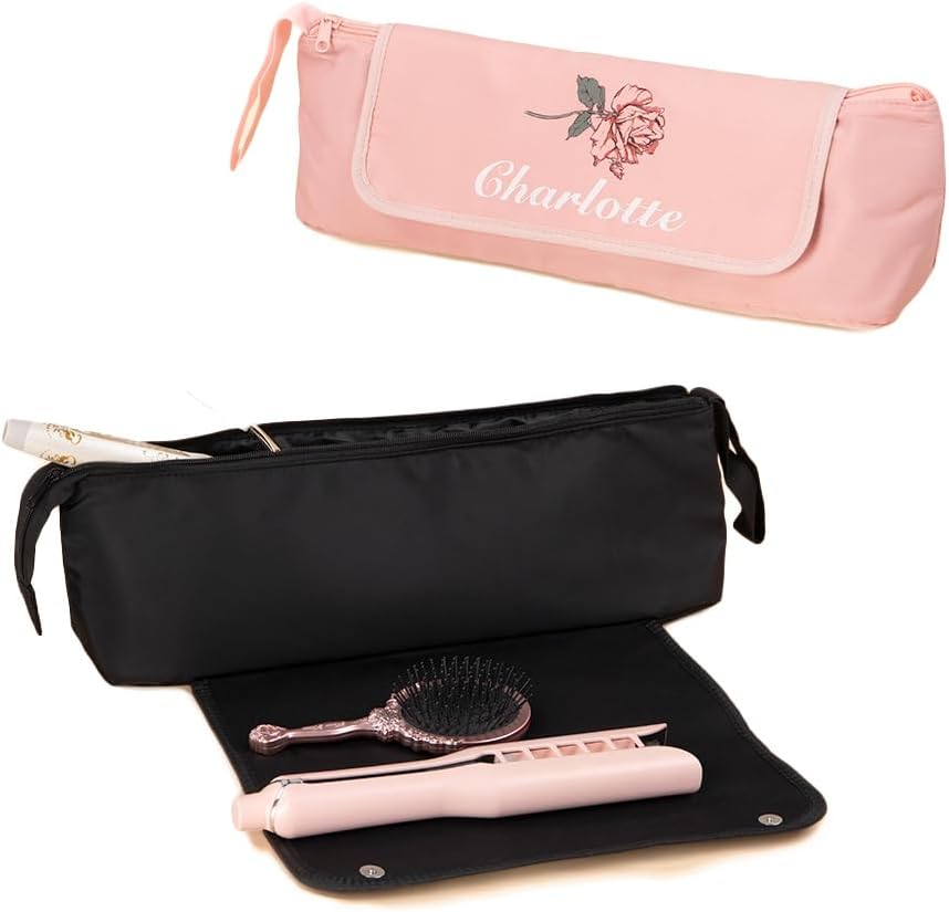 Custom Hair Tools Travel Bag - Heat Resistant Mat for Flat Irons & Curling Irons | Personalized Birth Flower Design