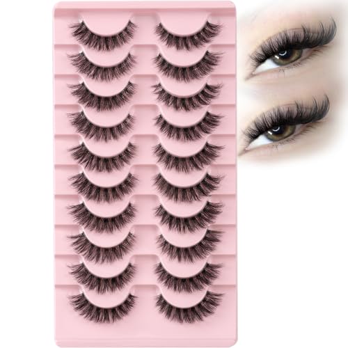 APCYUST Wispy Cat Eye False Eyelashes 30D 10 Pairs Natural Mink-Look Lashes Clear Band
