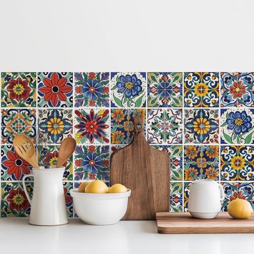 30 Pcs Waterproof Peel and Stick Wall Tile Decals - Spanish Floral 4x4 Inch