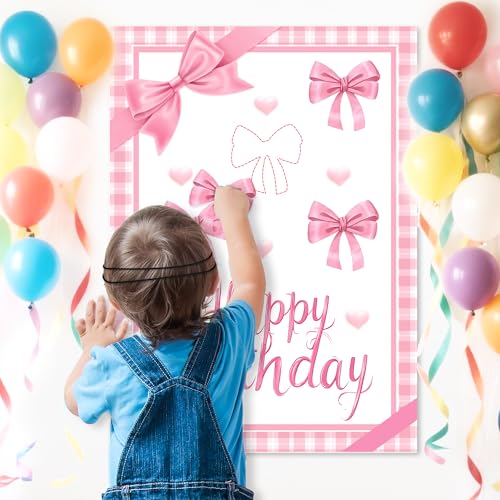 Pin The Bow Party Game Set - Pink Poster & Stickers for Kids