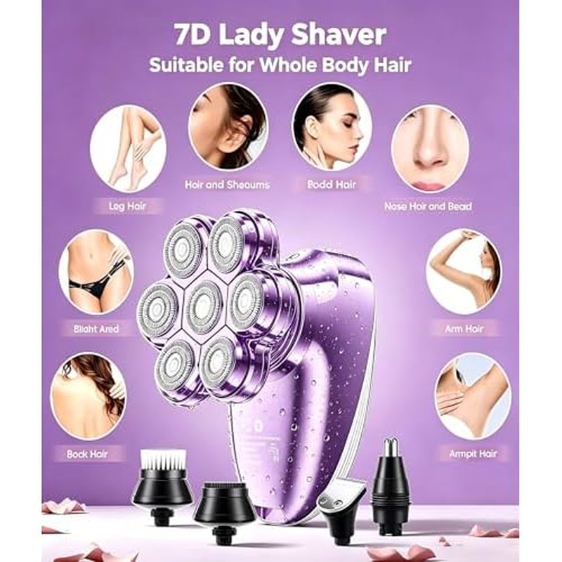 Electric Razors for Women, 7D Magnetic Heads Full Body Shaver, 5-in-1 Waterproof Wet Dry Hair Remover with LED Display, Bikini Trimmers for Underarms, Face, Legs, Lips, Arms
