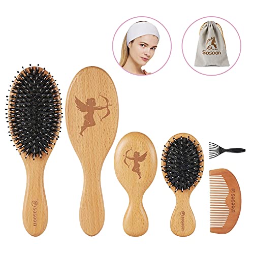 Sosoon Boar Bristle Hair Brush Set with Nylon Pins for Detangling