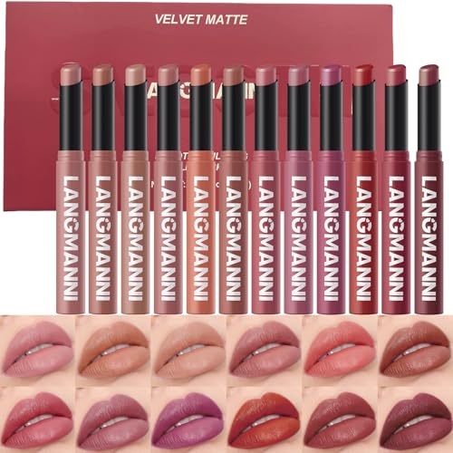12Pcs Velvet Matte Lipstick Nude Matte Soft Dark Color Stick High Pigmented Long-Lasting Waterproof Lip Stick Lip Balm Beauty Cosmetics Gift for Women(01#-12#)