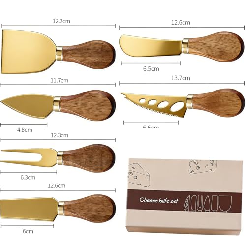 Gold Cheese Knife Set with Wooden Handles - 6-Piece Utensils