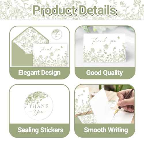 24 Pack Sage Green Floral Thank You Cards with Envelopes & Stickers