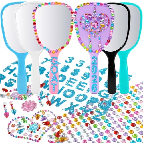 Mini Handheld Mirror Set with Gem Stickers - 6 Pack for Kids