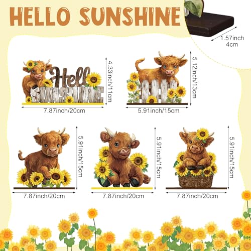 Highland Cow Wooden Table Decorations - 5 Pcs Rustic Signs