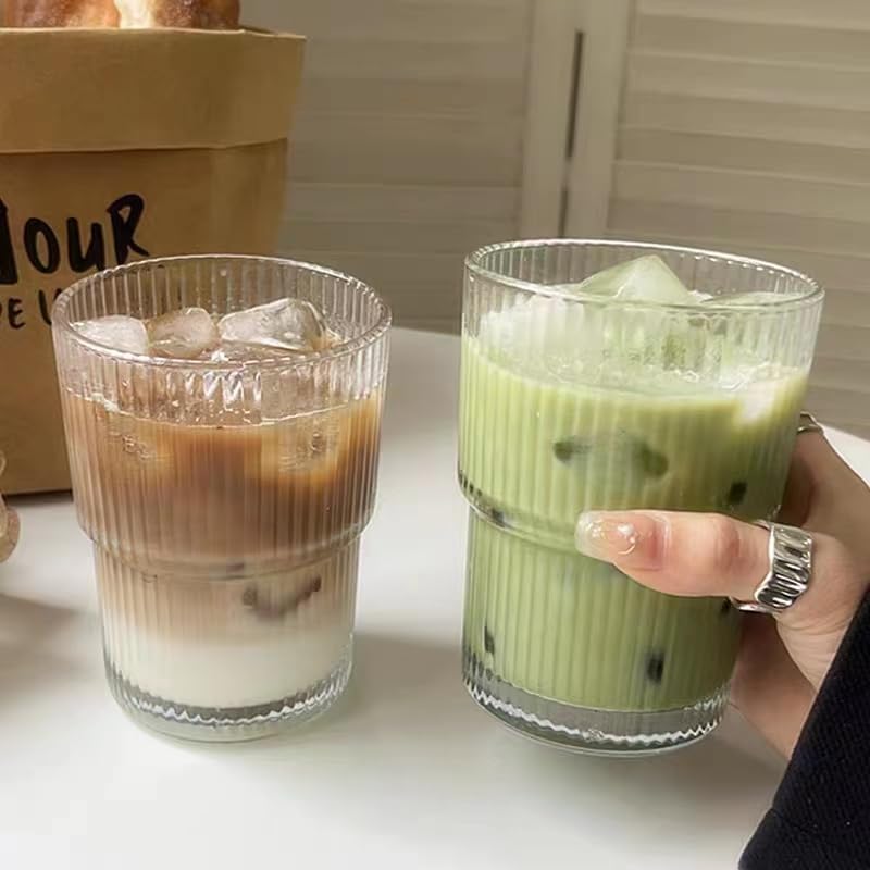 QWEZXO 13oz Glass Coffee Tumbler Set with Lid & Straw - 2 Pack