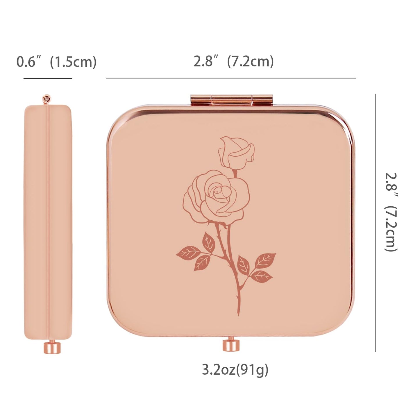 PDOZV Small Compact Mirror, Rosegold Square 2.8”×2.8” Metal Frame Smooth Style Double Sided Mini Magnifying 1X/2X Mirror for Purse Can be Used as Gifts for Woman (RG02)