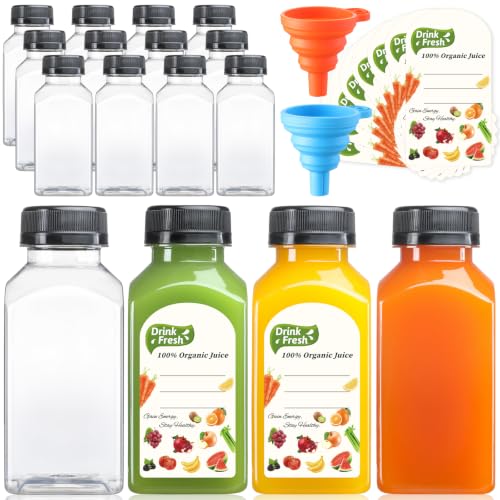 8oz Reusable Plastic Juice Bottles Pack of 12 with Caps & Labels - Leakproof, BPA-Free