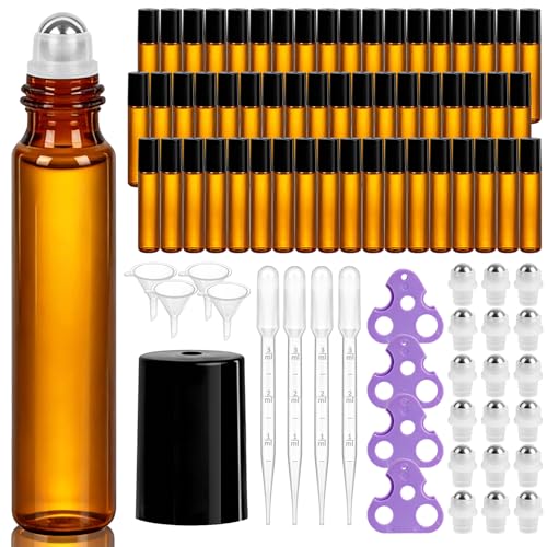 54 Pack 10ml Amber Glass Roller Bottles with Stainless Steel Roller Balls