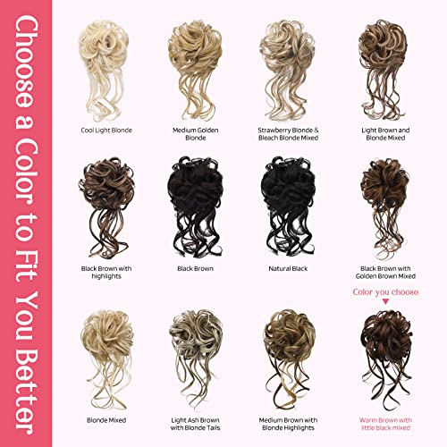 HOOJIH Messy Bun Hair Piece - 2PCS Tousled Updo Extensions in Warm Brown