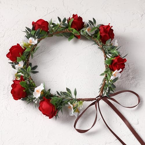 Red Rose Floral Crown Headband - Wedding Hair Accessory