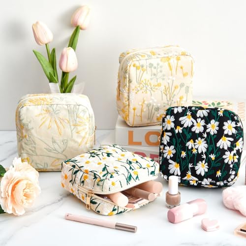 Abbylike 4-Piece Floral Corduroy Makeup Bag Set, Small Toiletry Pouch