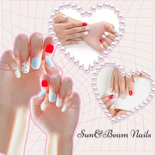 Short Squoval Press-On Nails Set - Blue Polka Dot #177 M