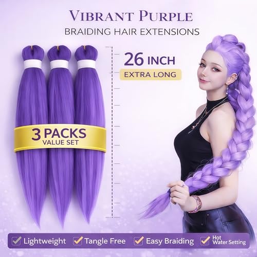 HAITOO Purple Braiding Hair Extensions 26 Inch Pre Stretched Crochet 3 Pack for Cosplay Halloween