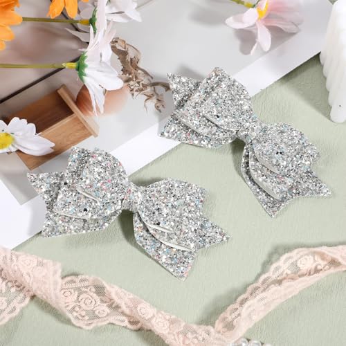Silver Glitter Hair Bow Clips - 5 Inch Sparkly Accessories for Girls