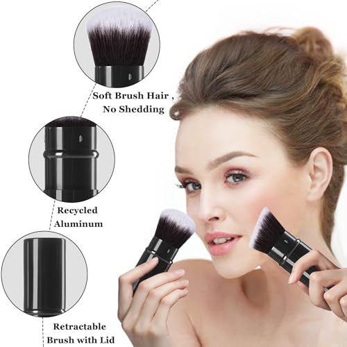 Keriloo Black Retractable Kabuki Makeup Brush Set - 2 Pack Travel Face Powder Brushes