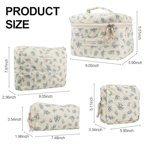VIWIME 203-Blue Rose Large Quilted Makeup Bag, Cotton Cosmetic Toiletry Organizer