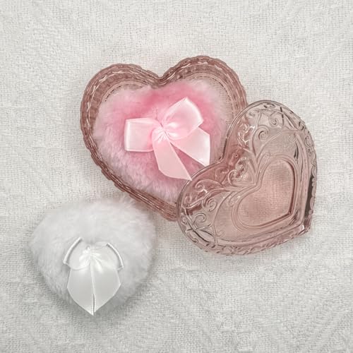 Pink Heart Glass Powder Puff Container with 2 Soft Puffs