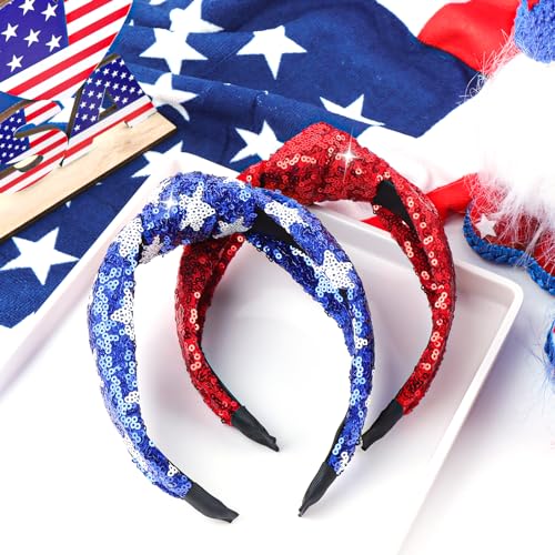 5-Star Red & Blue 4th of July Sequin Patriotic Headbands Set - Glitter Hair Accessories for Women & Girls