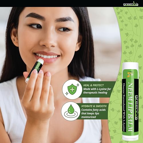 GreenIVe Neem Lip Balm, Vegan L-Lysine Moisturizer for Dry Lips (3 Tubes)