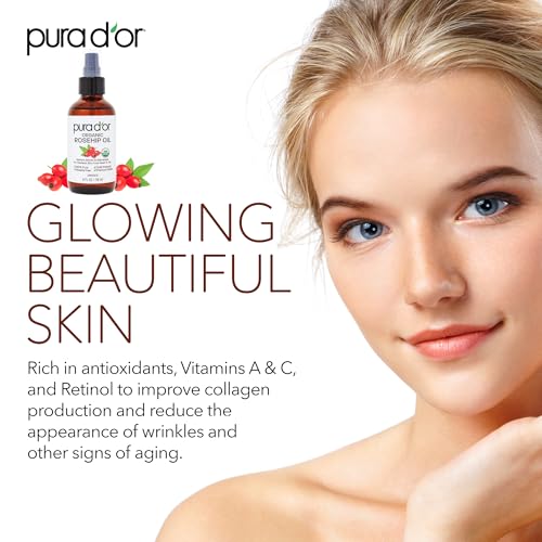 PURA D'OR ORGANIC Rosehip Seed Oil 100% Pure Cold Pressed USDA Certified For Hair, Skin, Scalp, Anti Aging Face & Body - Hexane Free Glass Bottle - 4 Oz - Hair Regrowth Tonic