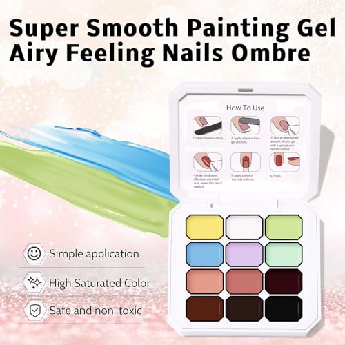 Woobena 12 Colors Gradient Nail Gel Kit with Sponge - No Wipe UV/LED Curing, Floral & Blush Art