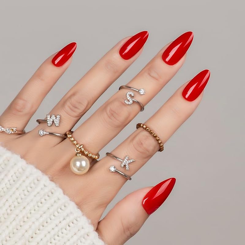 CloudTrip 30Pcs Soft Gel Almond Press On Nails - Warm Red, Reusable Fake Nails Kit with 15 Sizes & Gift Box