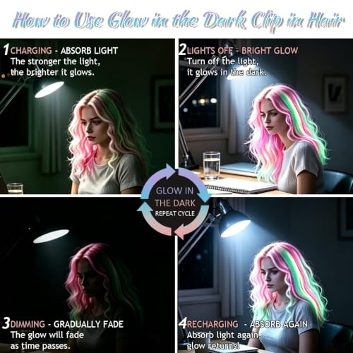 Glow-in-the-Dark Clip-In Hair Extensions | 20-Inch Rainbow Synthetic Hairpieces for Festivals