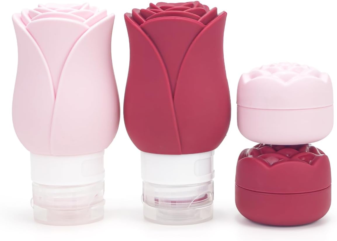 Travel Toiletry Containers - 4 Pack Leakproof 3oz Bottles & Mini Jars | BPA-Free Silicone Squeeze Tubes in Purple Rose