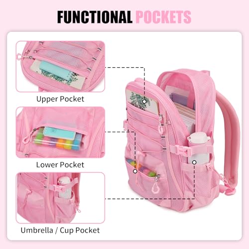 Lightweight See-Through Mesh Backpack for School & Beach - Pink