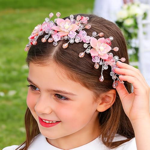 Urieo Pink Flower Crown Headband for Girls - Wedding Hair Accessory