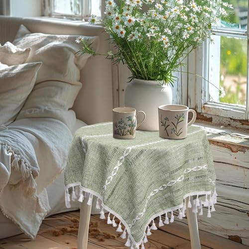 Sage Green Boho Tablecloth 24''x24'' | Cotton Linen Nightstand Cover