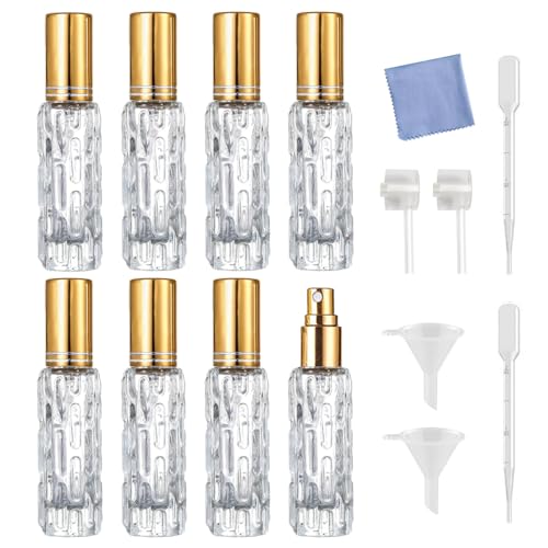 AGENIZ 15ML Gold Glass Refillable Perfume Atomizer Set - 8 Portable Spray Bottles