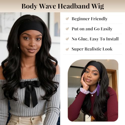 Ninroc 22in Black Headband Wig - Long & Body Wave, Synthetic, No Glue
