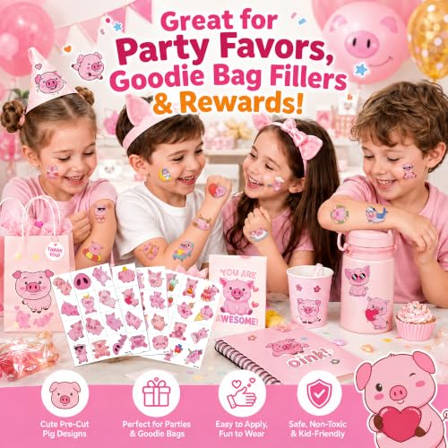 96 PCS Pre-Cut Pig Temporary Tattoos for Kids — Farm Animal Party Favors