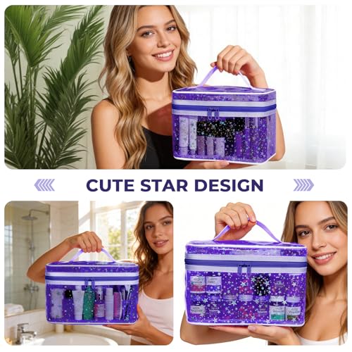 Junesters Clear Makeup Bag - Waterproof Travel Toiletry Organizer, Purple