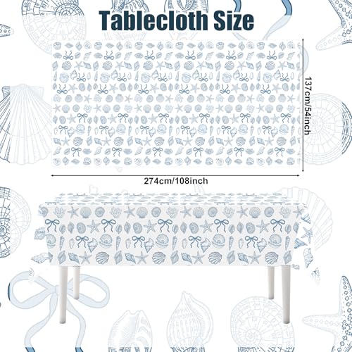 3 Pcs Blue Seashell Tablecloths - 54 x 108 Inch Waterproof Plastic for Beach Parties