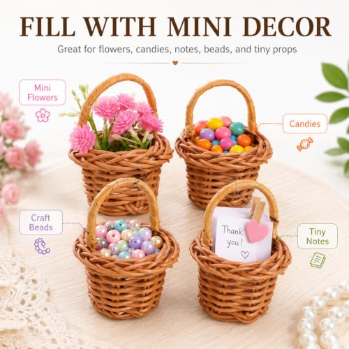 VOSAREA Mini Wicker Baskets Set - 10 Small Craft Baskets with Handles for Dollhouse Decor & Party Favors