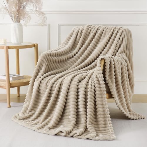 Khaki Striped Throw Blanket - Soft Plush Fleece 50x60 Inches