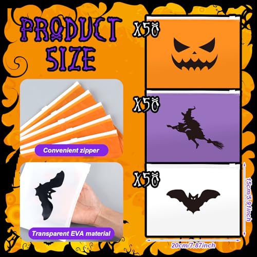 Halloween Treat Bags Bulk Set - 150 Waterproof Zipper Pouches with Witch, Bat, Pumpkin Designs