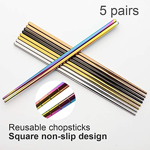 MUYOS Stainless Steel Chopsticks - 5 Pairs, 9.06" Lightweight, Non-Slip Tips