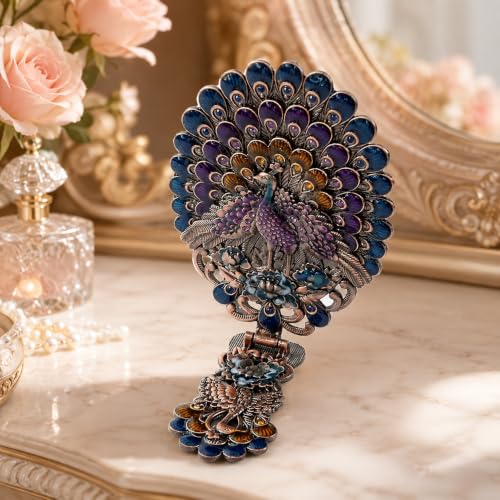 Vintage Hand Mirror with Handle - Peacock Design, Copper