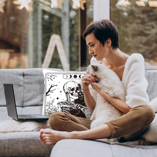 Gothic Skull Black Cat Pillow Cover - 18x18" Polyester Case