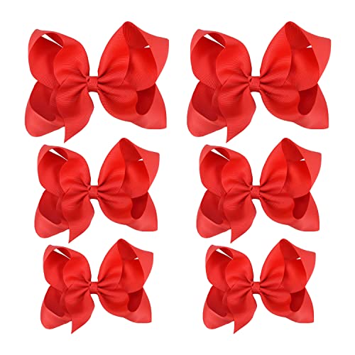 SKYii Red Hair Bows for Girls & Toddlers - 6 Pack Handmade Clip Hair Accessories