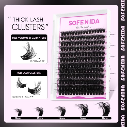 SOFENIDA Lash Clusters Kit 80D Lash Clusters Kit 10-18mm Volume Eyelash Clusters D Curly Cluster Eyelash Extensions 3D Wispy Lashes Cluster DIY Lash Extension Kit(80D-10-18MIX Thick Kit)