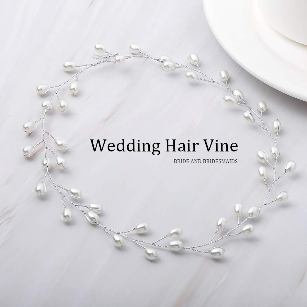 Catery Bridal Headbands Pearl Hair Vine Wedding Headpiece Bride Head Band Accessories for Women and Girls (Sliver)