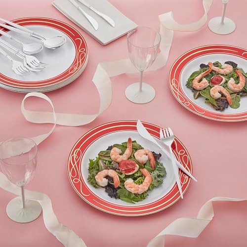 10 Pack of 10.25" White Plastic Dinner Plates with Red Rim - Perfect for Parties & Special Occasions