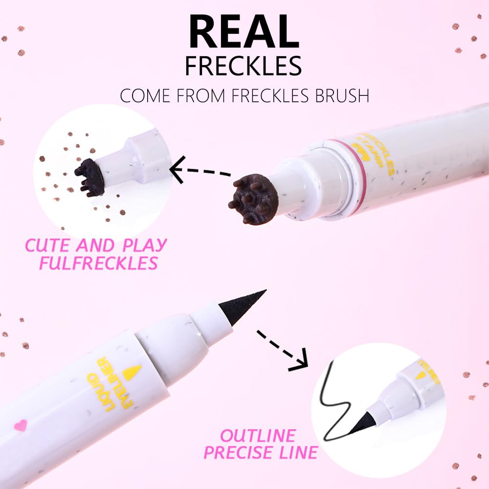 HHLTOH 2in1 Freckle Stamp Eyeliners Makeup, Women Face and Eye Cosmetics, Quick Dry Long-Lasting Waterproof Medium Brown Freckles Stamps & Black Eyeliner Pen,Effortless Daily Natural Sunkissed Make Up